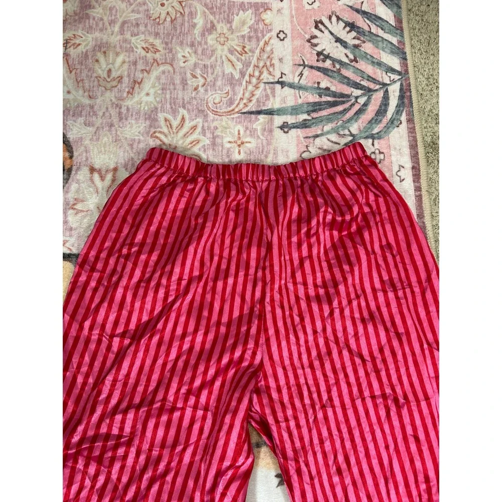 Vintage Pajama Pants‎ Romantic Pink Red Striped Satin Lounge Sleepwear Size M